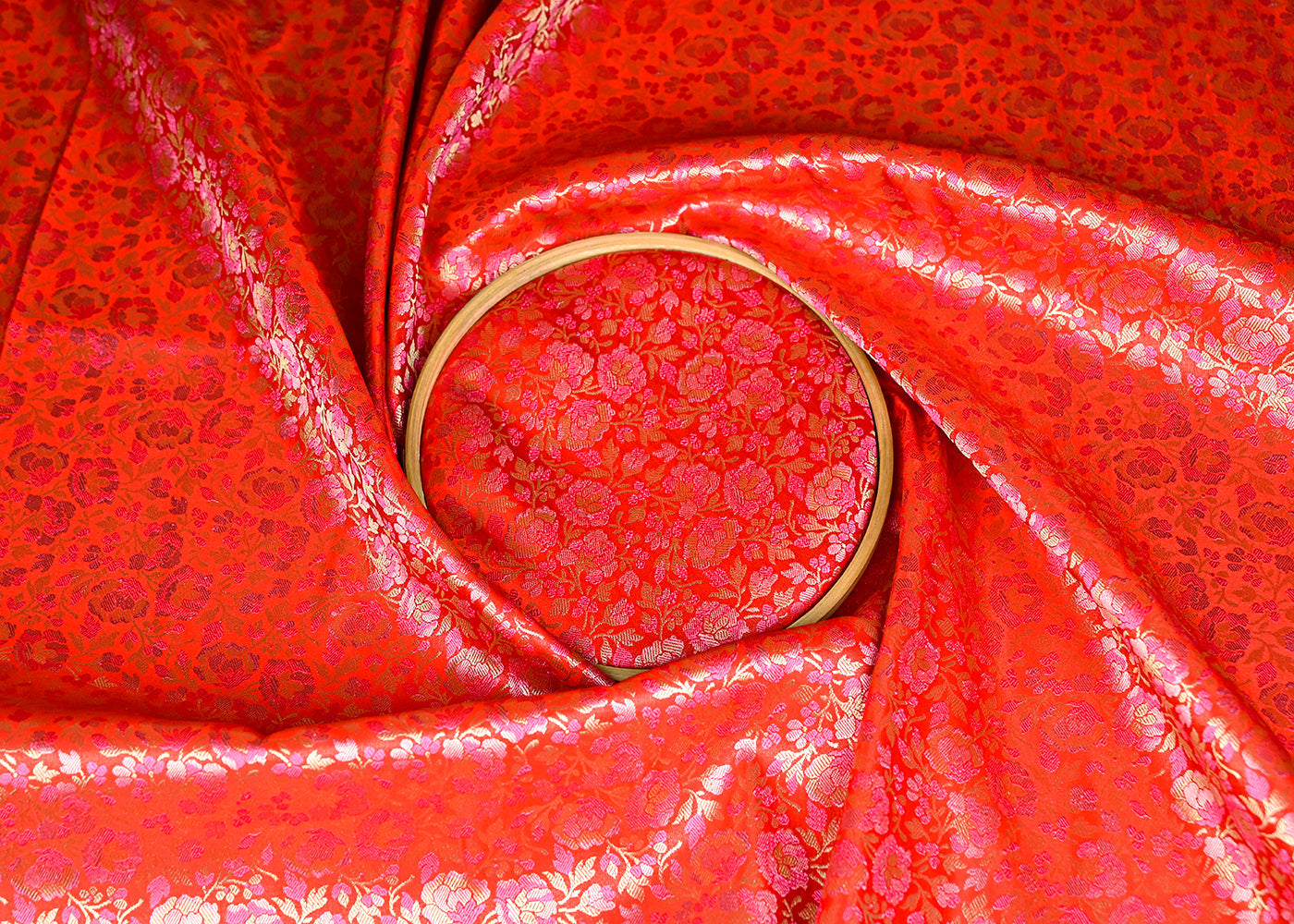 Red Banarasi Brocade Fabric With All Over Thread And Zari Handloom 20797