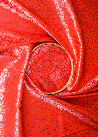 Red Banarasi Brocade Fabric With All Over Thread And Zari Handloom 20797