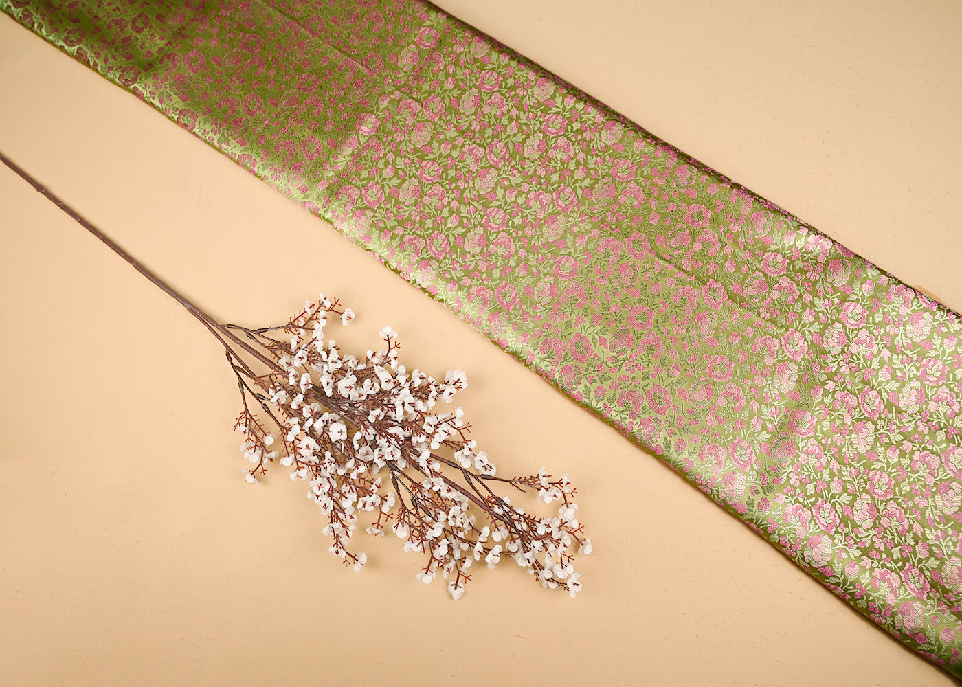 Pista Green Banarasi Brocade Fabric With All Over Thread And Zari Handloom 20798