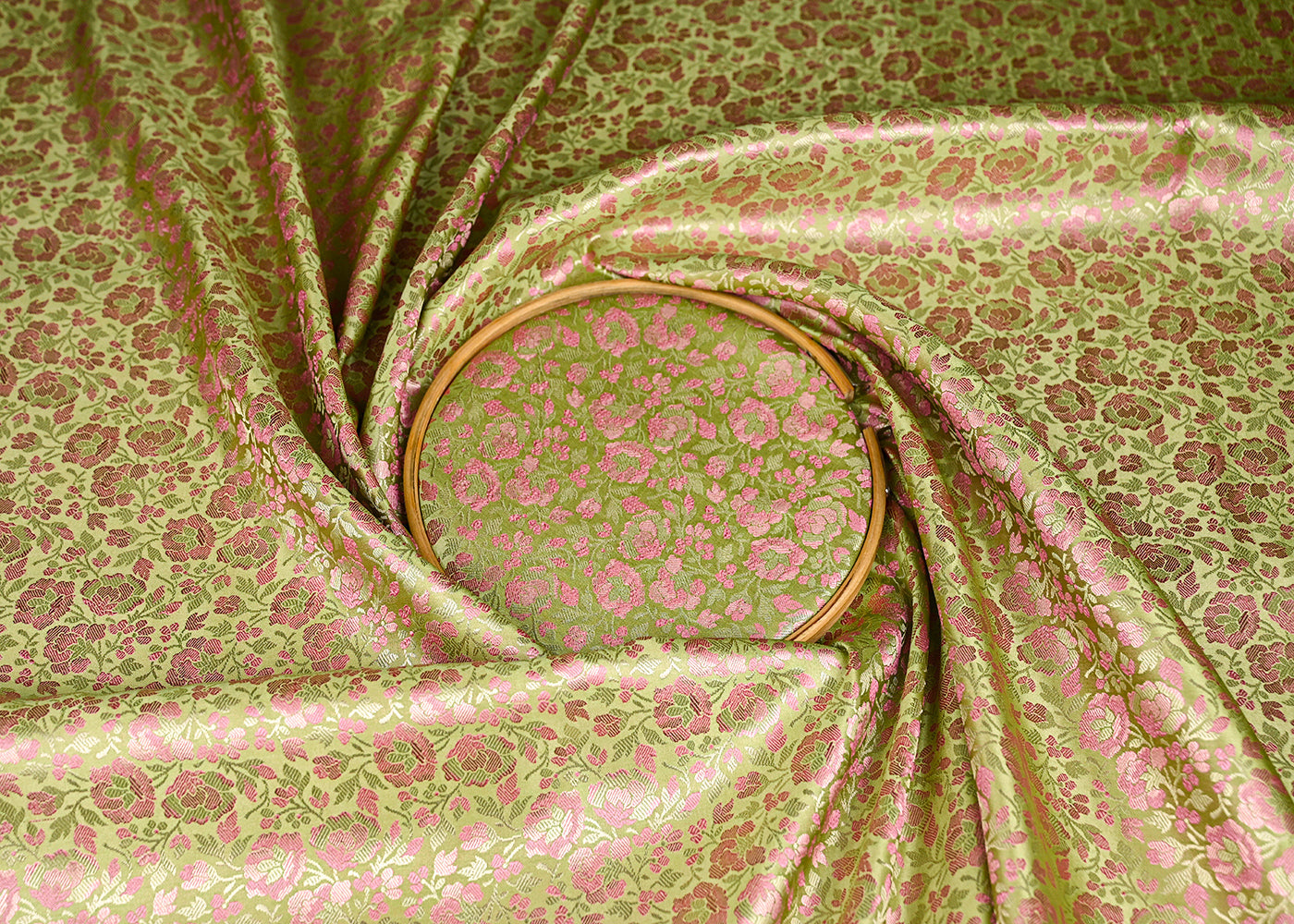 Pista Green Banarasi Brocade Fabric With All Over Thread And Zari Handloom 20798