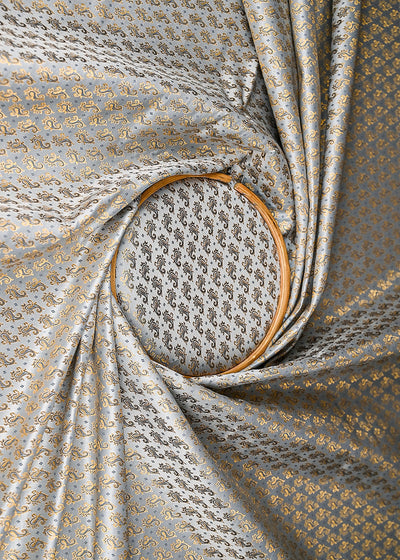Grey Banarasi Brocade Fabric With All Over Golden Zari Handloom 20803