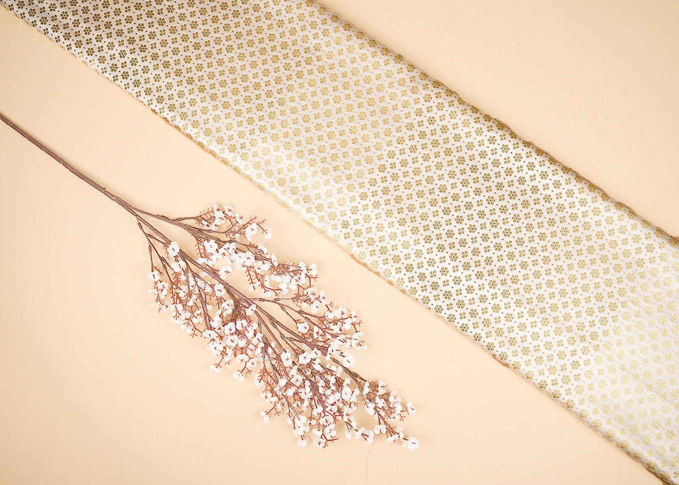 Cream Banarasi Brocade Fabric With All Over Golden Zari Handloom 20817