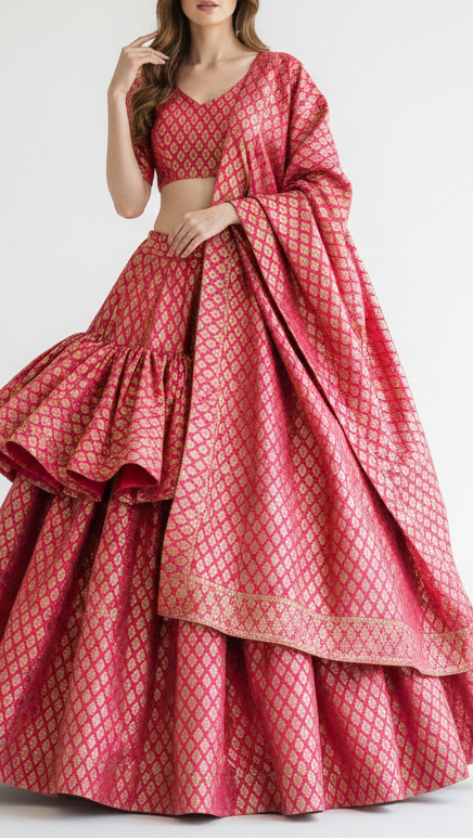Rani Pink Banarasi Brocade Fabric With All Over Golden Zari Handloom 20829