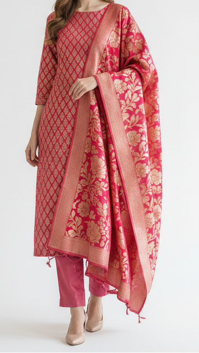 Rani Pink Banarasi Brocade Fabric With All Over Golden Zari Handloom 20829