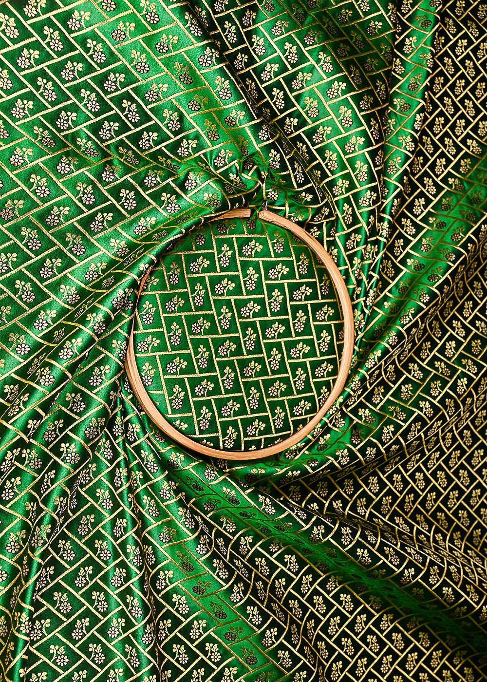 Bottle-Green-Banarasi-Brocade-Fabric-With-All-Over-Golden-Zari-Handloom-20834-close-view