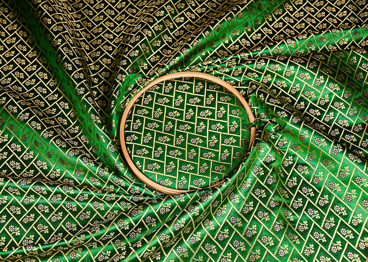 Bottle-Green-Banarasi-Brocade-Fabric-With-All-Over-Golden-Zari-Handloom-20834-close-view