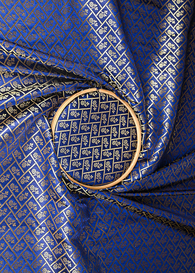 Navy Blue Banarasi Brocade Fabric With All Over Golden Zari Handloom 20836