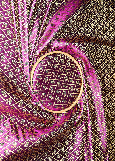 Dark Purple Banarasi Brocade Fabric With All Over Golden Zari Handloom 20838