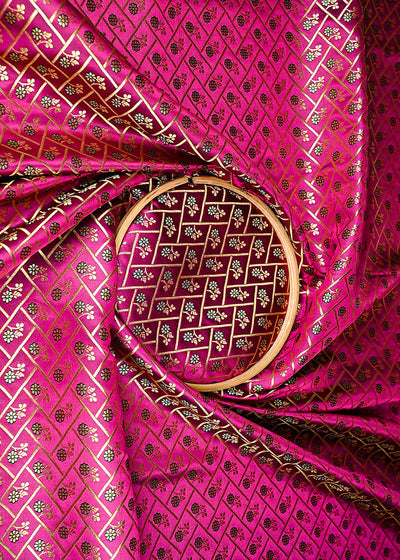 Dark Pink Banarasi Brocade Fabric With All Over Golden Zari Handloom 20840