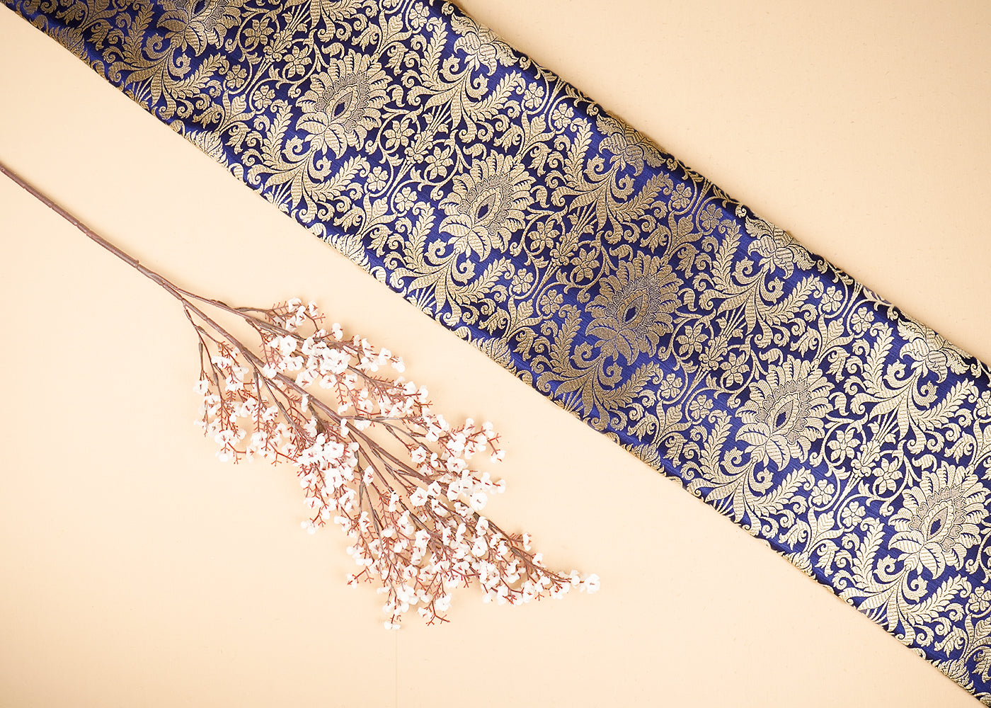 Navy Blue Banarasi Brocade Fabric With All Over Golden Zari Handloom 20842