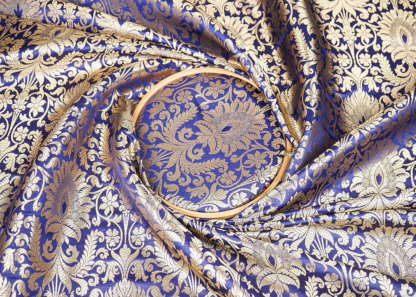 Navy Blue Banarasi Brocade Fabric With All Over Golden Zari Handloom 20842