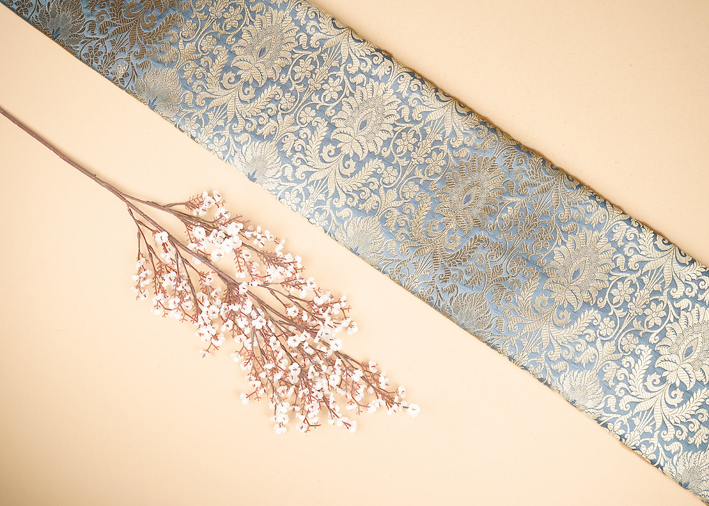 Light Grey Banarasi Brocade Fabric With All Over Golden Zari Handloom 20848