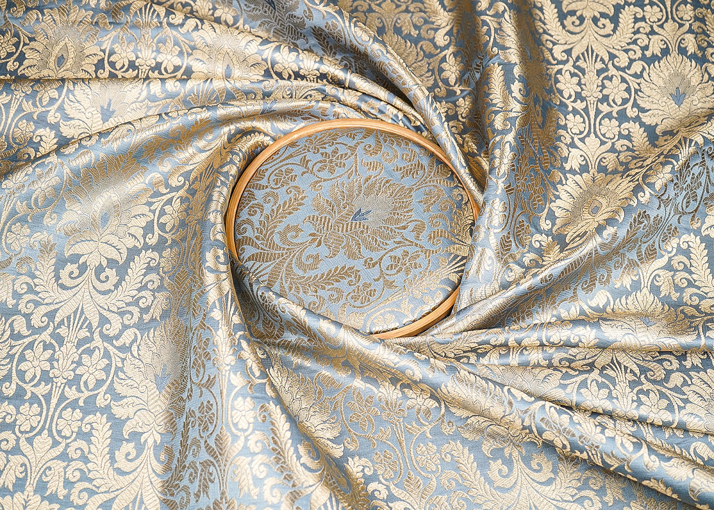 Light Grey Banarasi Brocade Fabric With All Over Golden Zari Handloom 20848