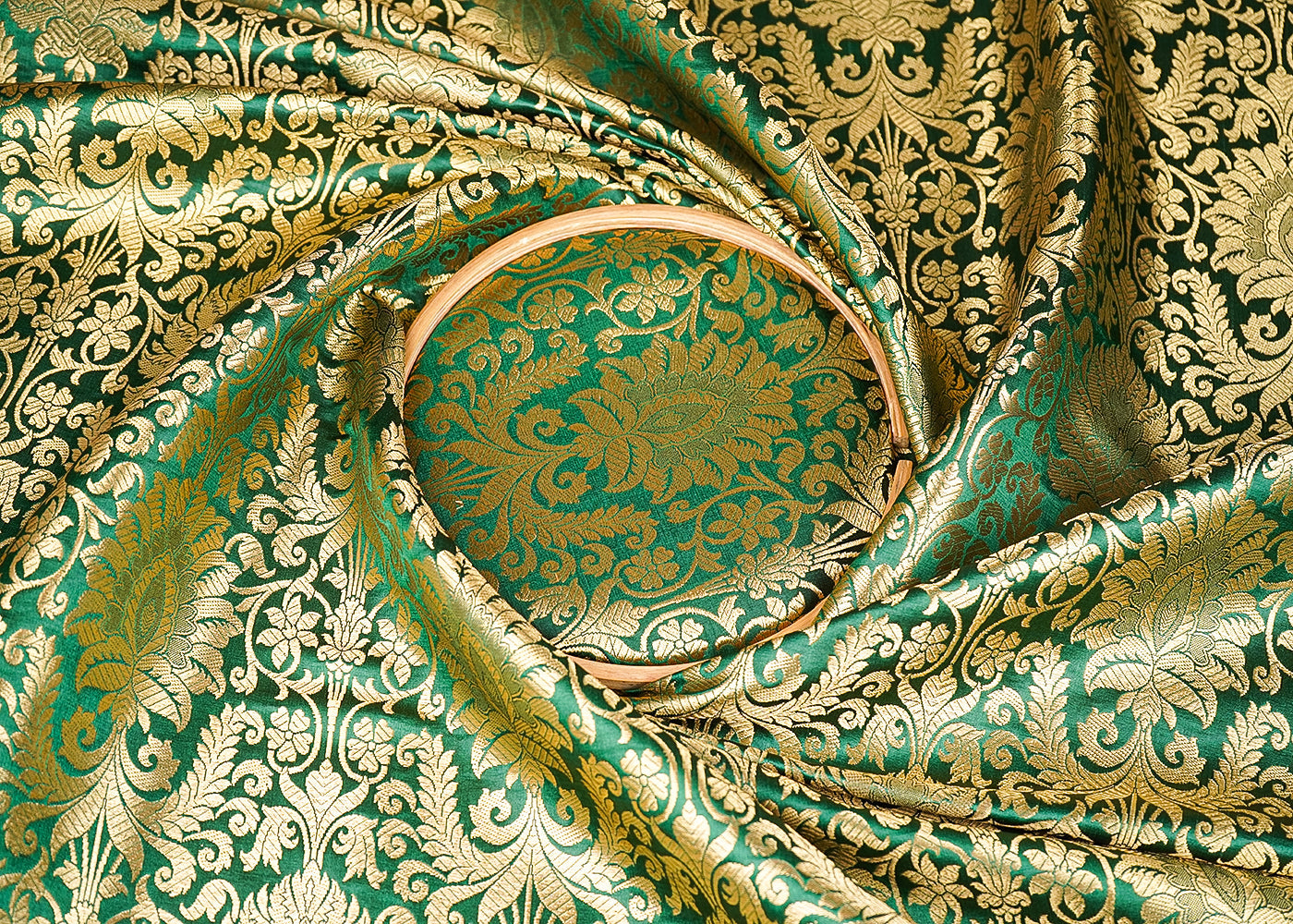 Dark Green Banarasi Brocade Fabric With All Over Golden Zari Handloom 20851