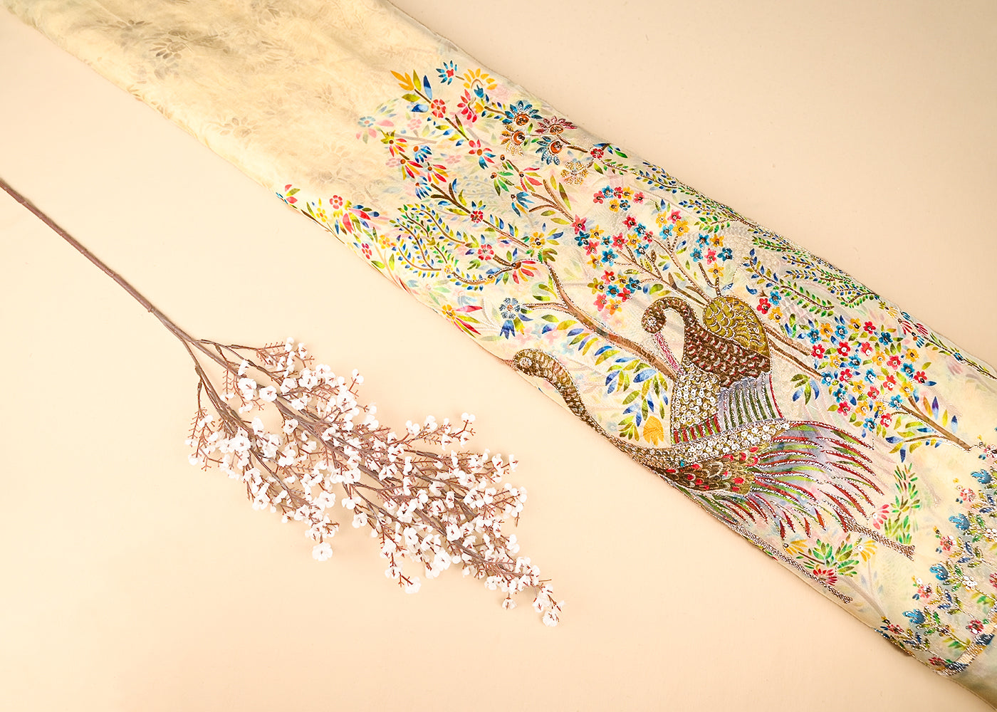 Cream Organza Fabric With All Over Traditional Print With Sequins And Zari Work With One Side Border 20853