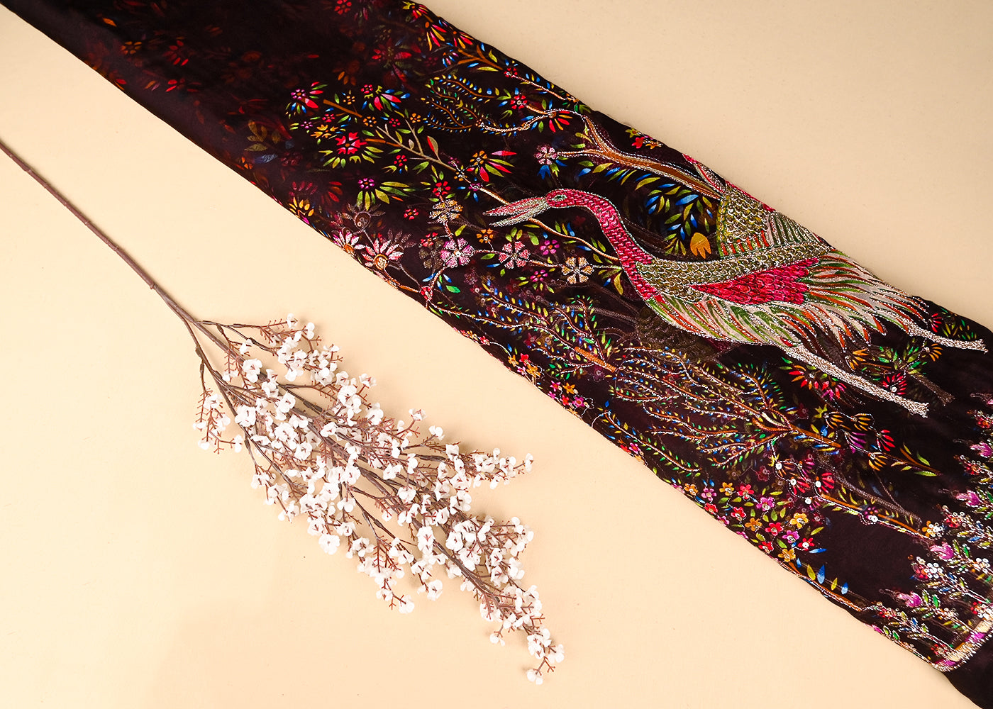 Brown Organza Fabric With All Over Traditional Print With Sequins And Zari Work With One Side Border 20854