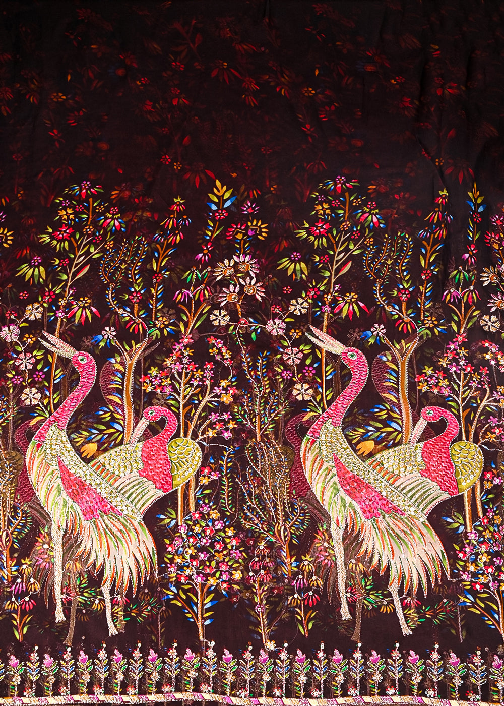 Brown Organza Fabric With All Over Traditional Print With Sequins And Zari Work With One Side Border 20854