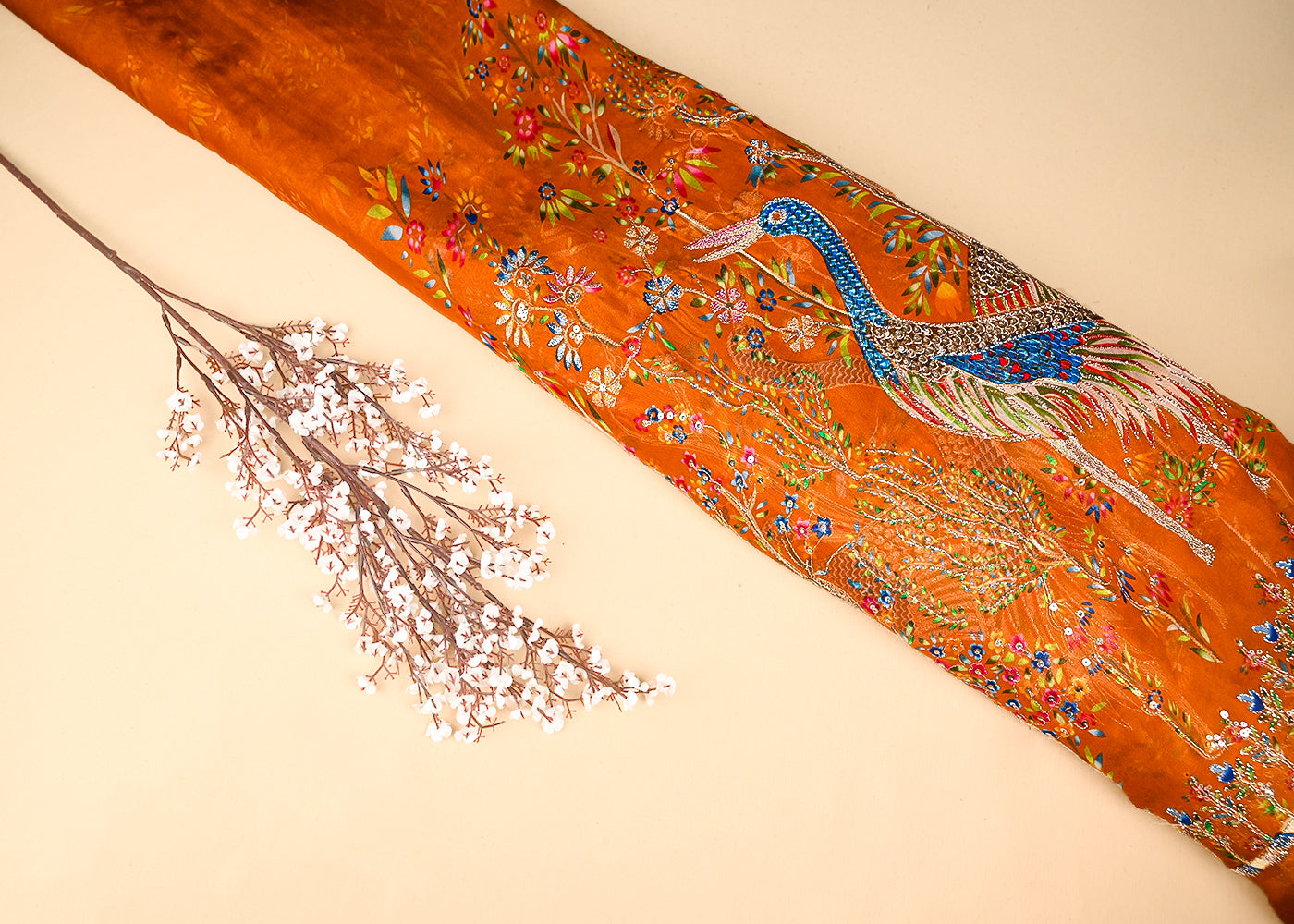 Orange Organza Fabric With All Over Traditional Print With Sequins And Zari Work With One Side Border 20855