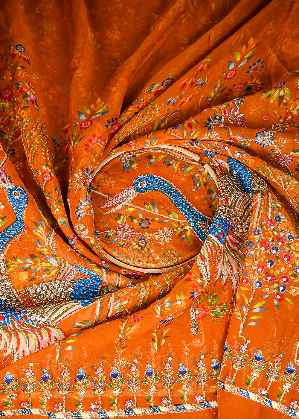 Orange Organza Fabric With All Over Traditional Print With Sequins And Zari Work With One Side Border 20855