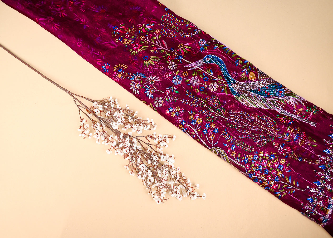 Wine Organza Fabric With All Over Traditional Print With Sequins And Zari Work With One Side Border 20856