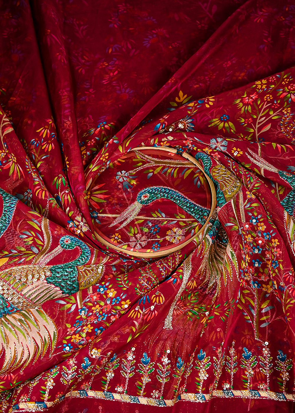 Navy Blue Organza Fabric With All Over Traditional Print With Sequins And Zari Work With One Side Border 20856