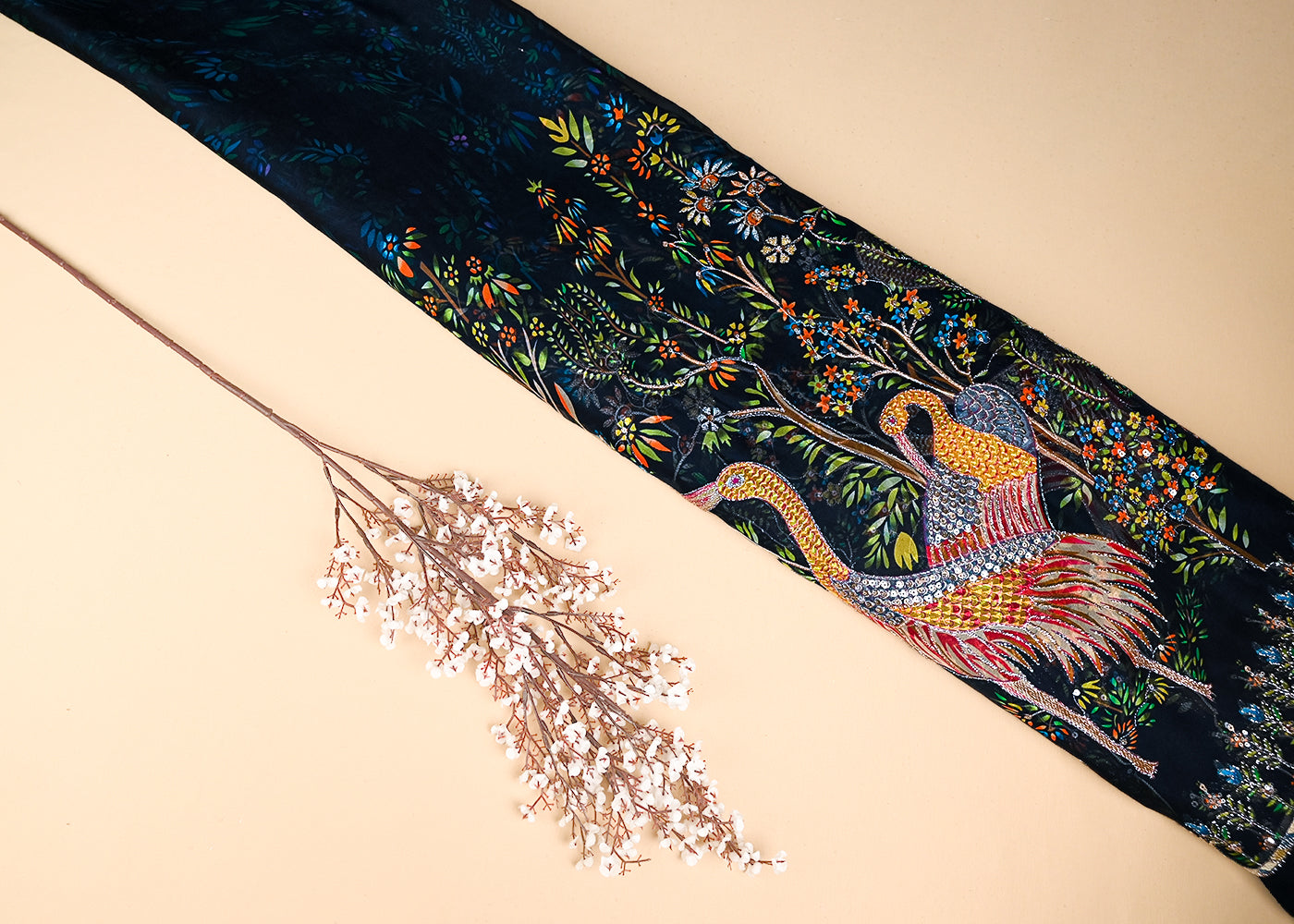 Wine Organza Fabric With All Over Traditional Print With Sequins And Zari Work With One Side Border 20857