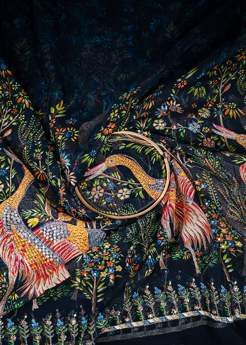 Wine Organza Fabric With All Over Traditional Print With Sequins And Zari Work With One Side Border 20857