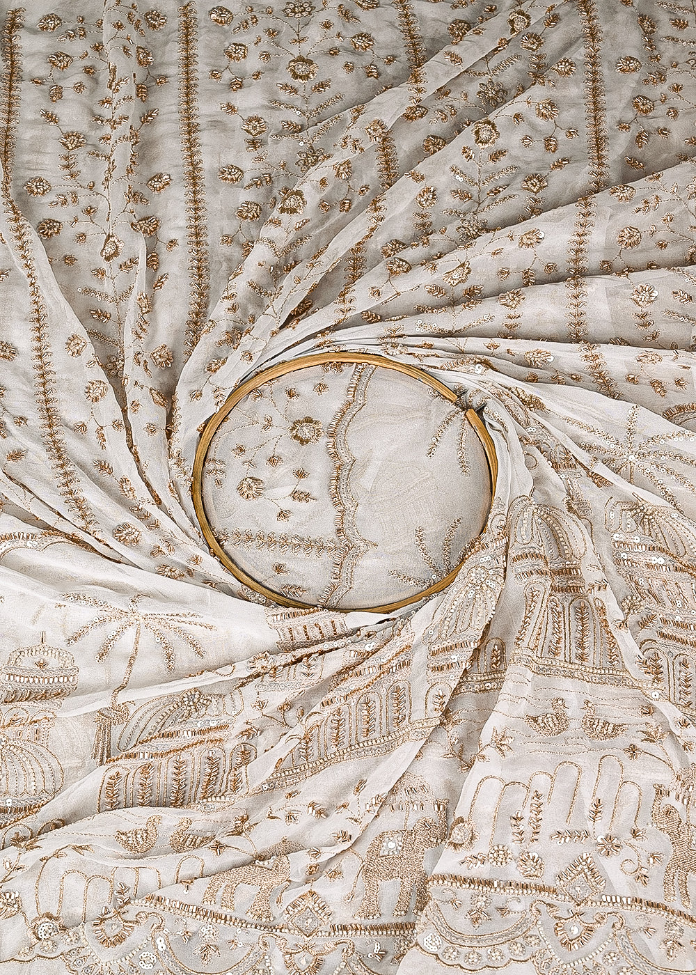 White Georgette Fabric With All Over Katdana, Zari, Sequins And Bead Work With One Side Border 20859