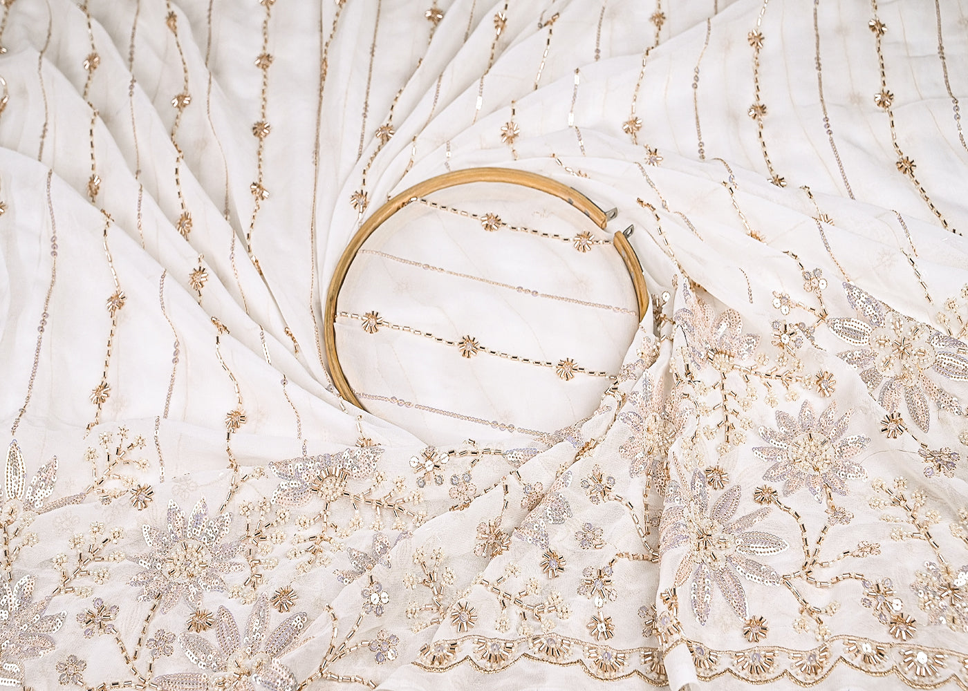 White Georgette Fabric With All Over Katdana, Zari, Bead And Sequins Work With One Side Border 20860