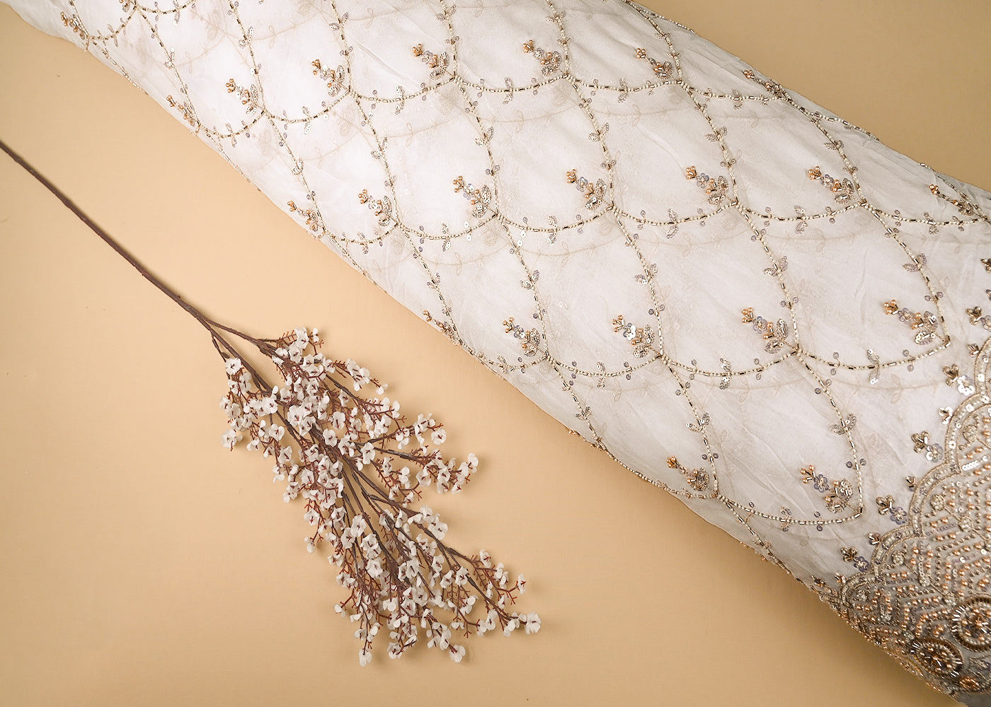 White Georgette Fabric With All Over Katdana, Zari, Bead And Sequins Work With One Side Border 20861