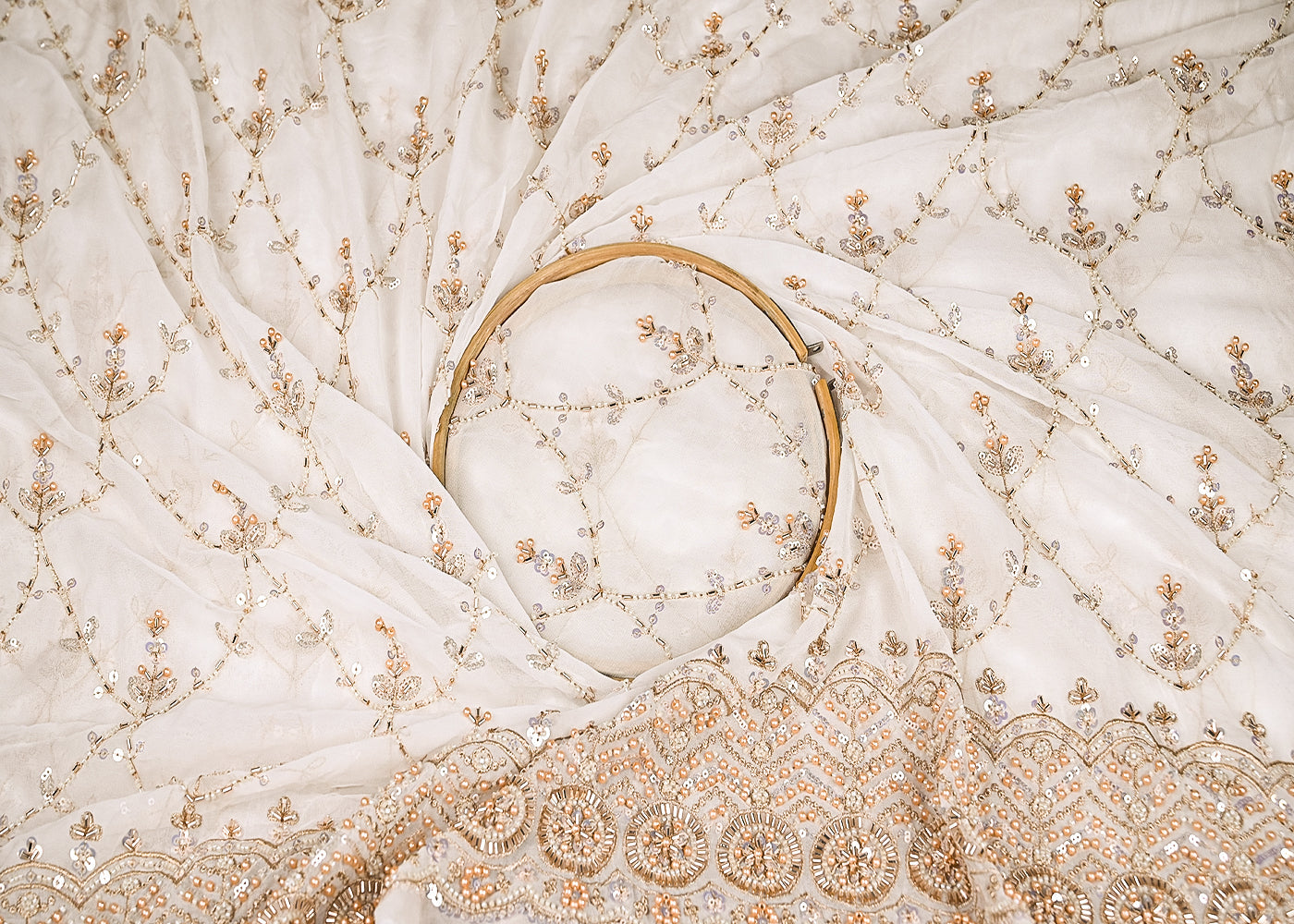 White Georgette Fabric With All Over Katdana, Zari, Bead And Sequins Work With One Side Border 20861