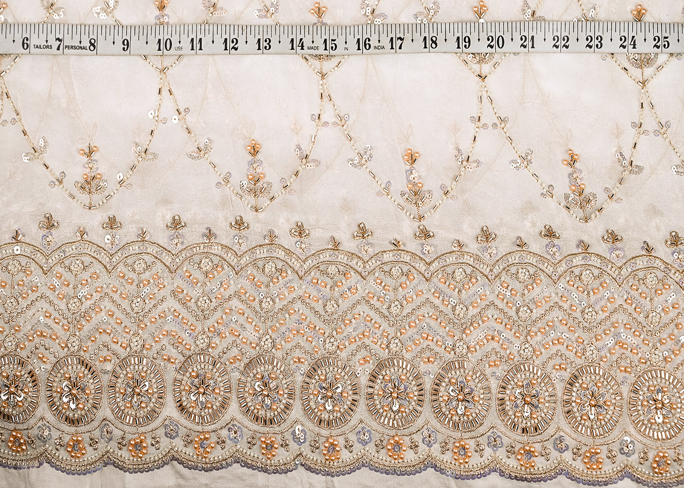 White Georgette Fabric With All Over Katdana, Zari, Bead And Sequins Work With One Side Border 20861