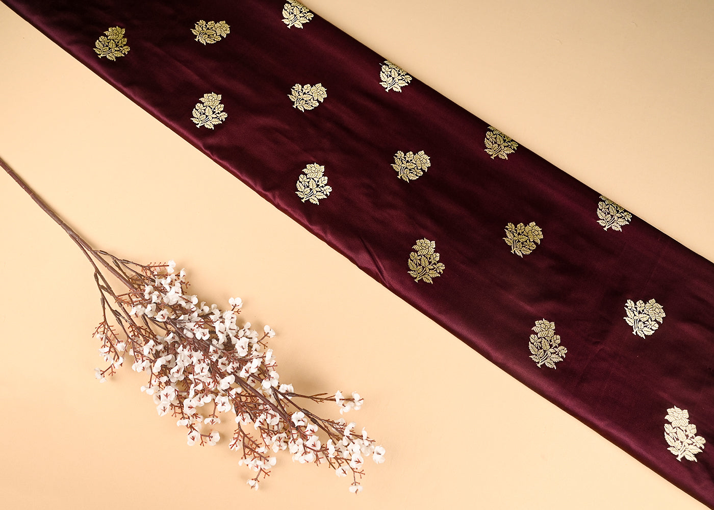 Wine Banarasi Silk Fabric With All Over Buti Of Golden Zari Handloom 20873