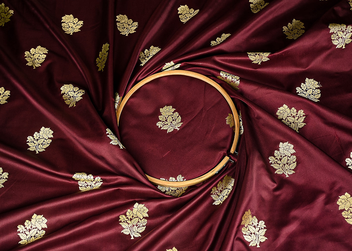 Wine Banarasi Silk Fabric With All Over Buti Of Golden Zari Handloom 20873