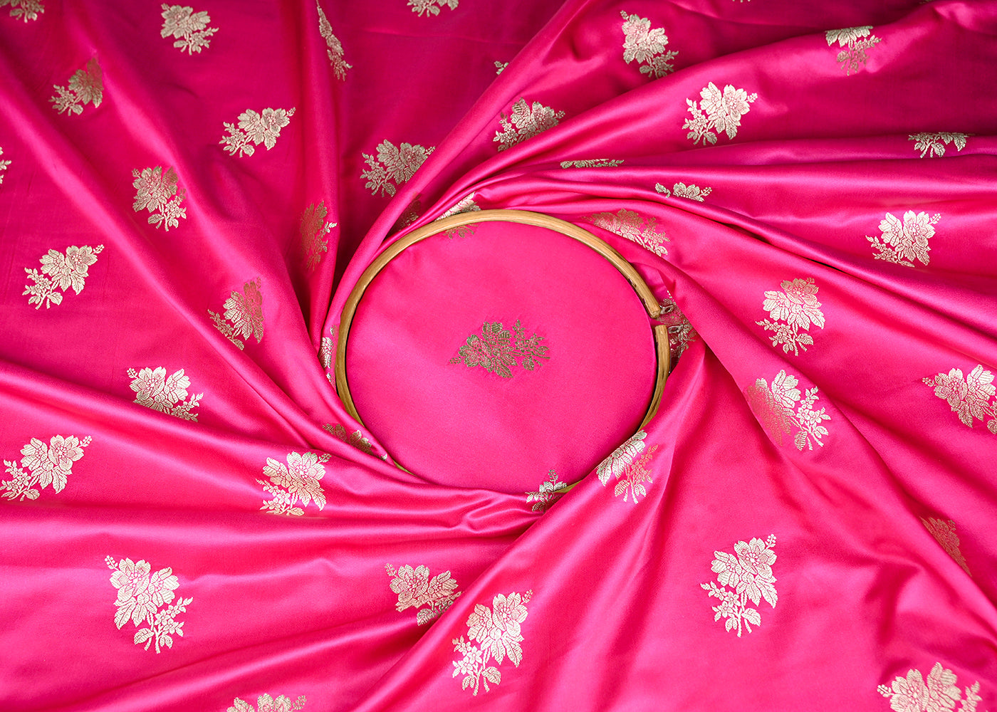 Rani-Pink-Banarasi-Silk-Fabric-With-All-Over-Buti-Of-Golden-Zari-Handloom-20883-close-view