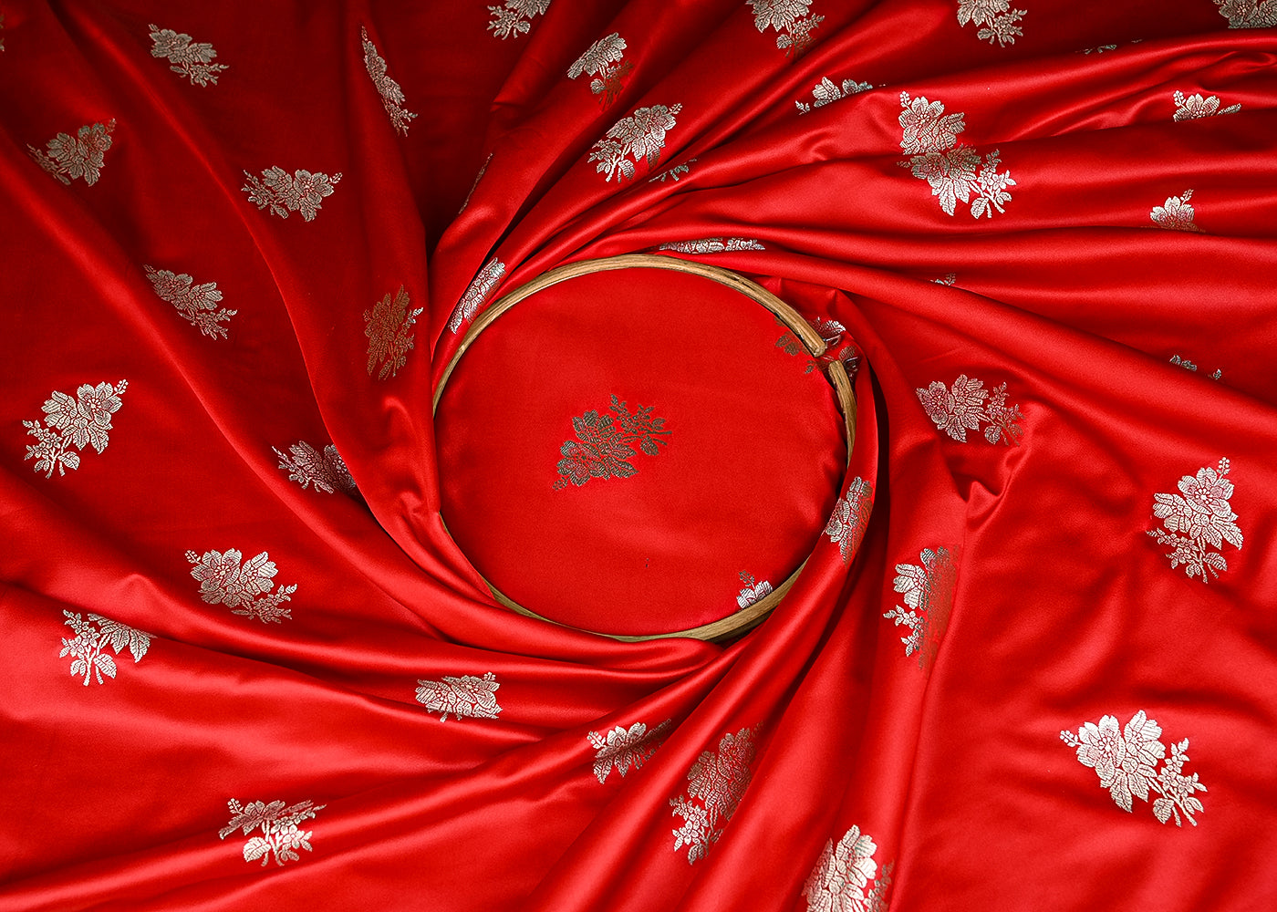 Red Banarasi Silk Fabric With All Over Buti Of Golden Zari Handloom 20889