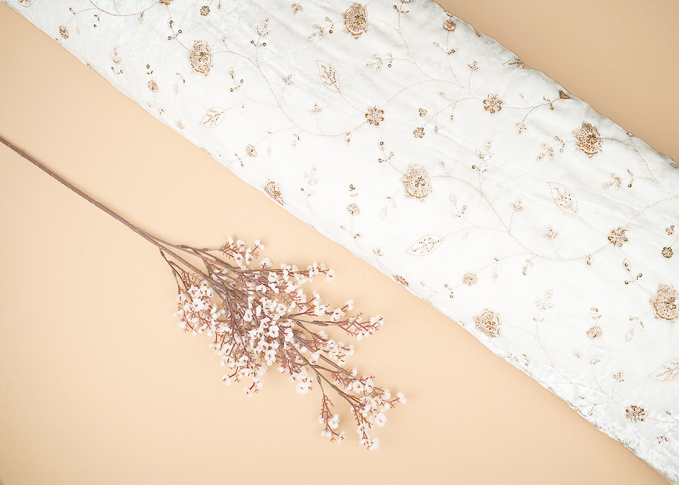 White Velvet Fabric With All Over Sequins, Zari, Katdana Work 20896