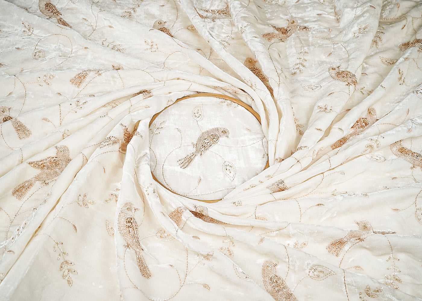 White Velvet Fabric With All Over Sequins, Zari, Katdana Work 20898