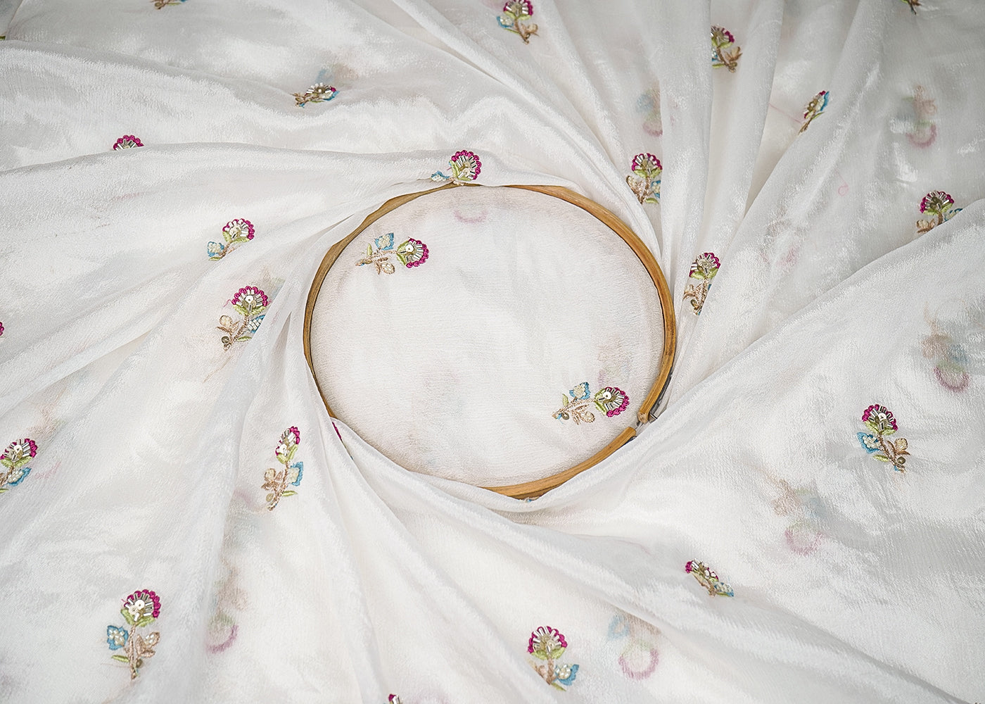 White Chinon Chiffon Fabric With All Over Thread, Bead, Katdana And Sequins Work 20899