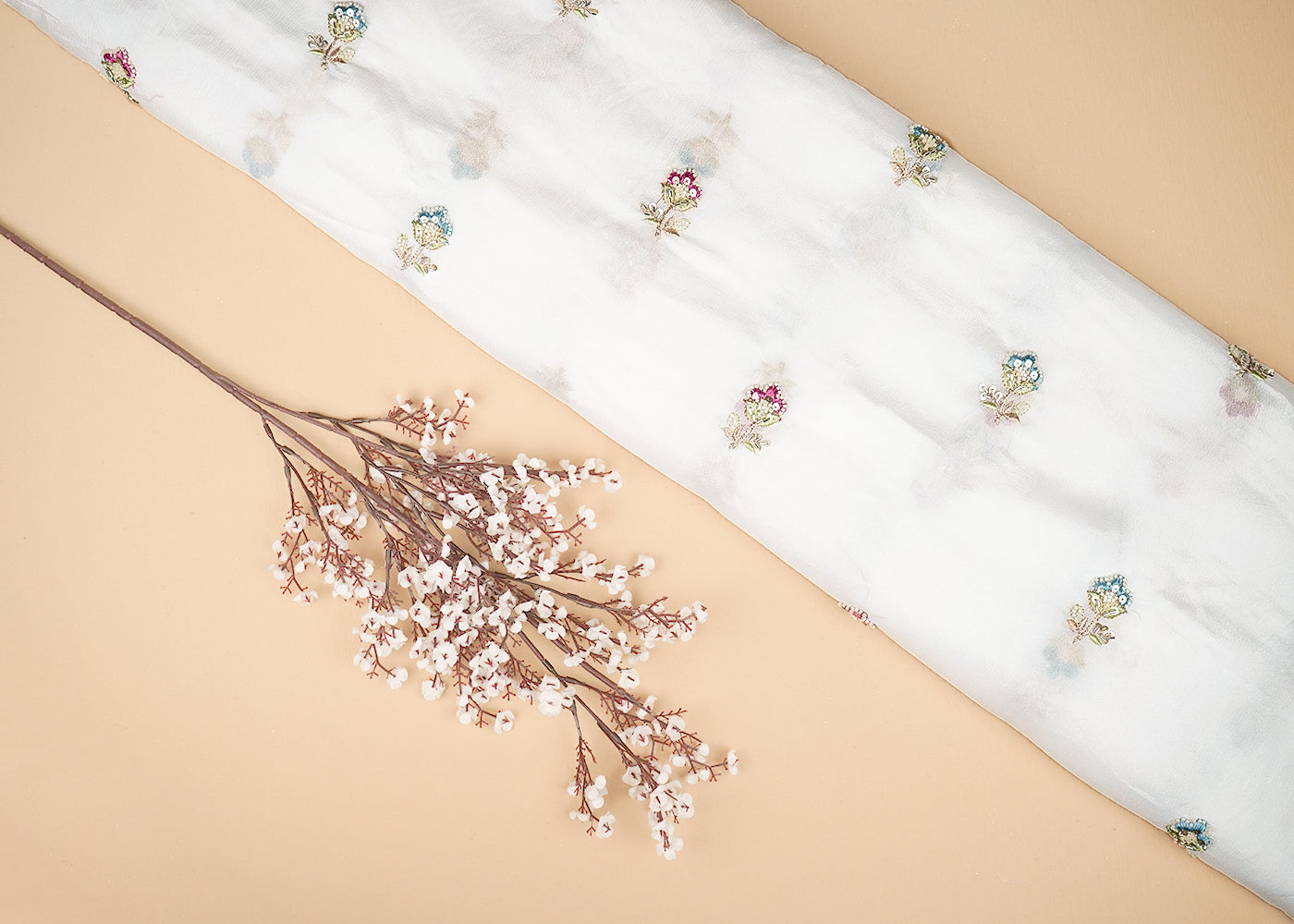 White Chinon Chiffon Fabric With All Over Thread, Bead, Katdana And Sequins Work 20901