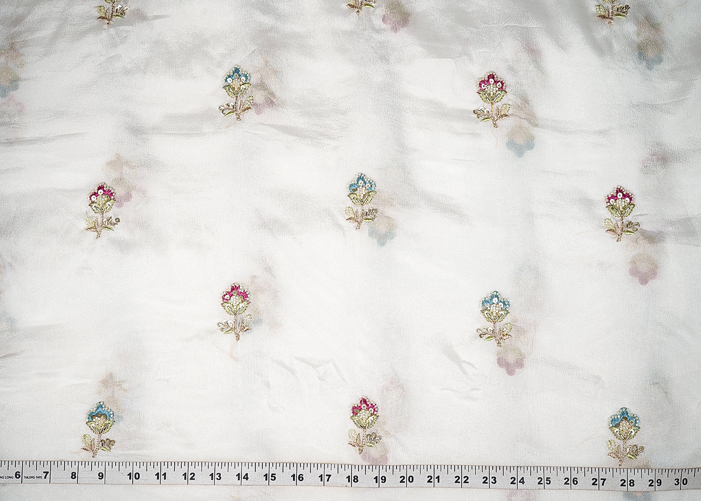 White Chinon Chiffon Fabric With All Over Thread, Bead, Katdana And Sequins Work 20901