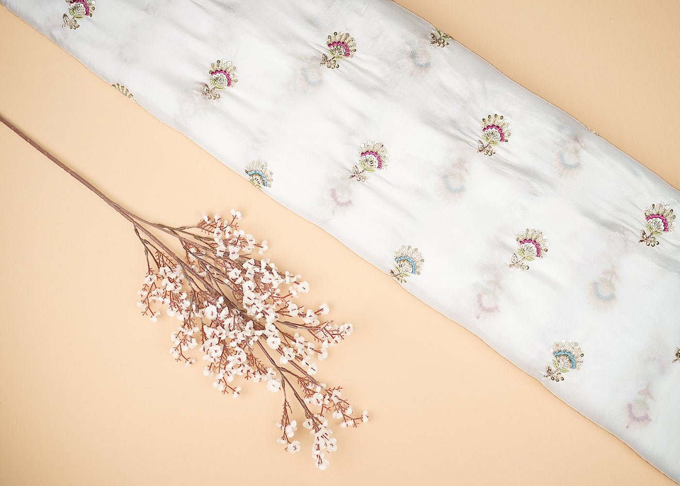 White Chinon Chiffon Fabric With All Over Thread, Bead, Katdana And Sequins Work 20902