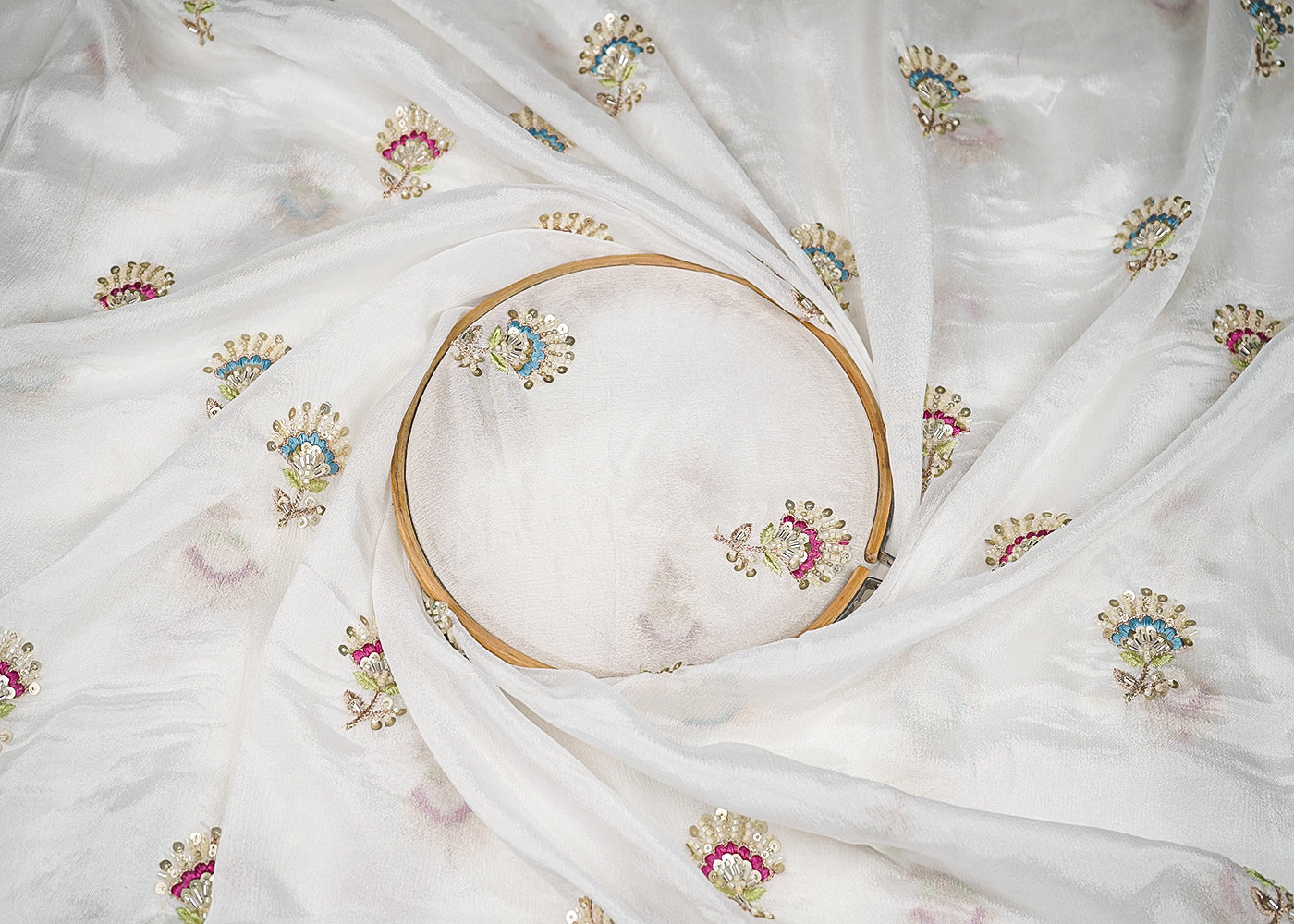 White Chinon Chiffon Fabric With All Over Thread, Bead, Katdana And Sequins Work 20902