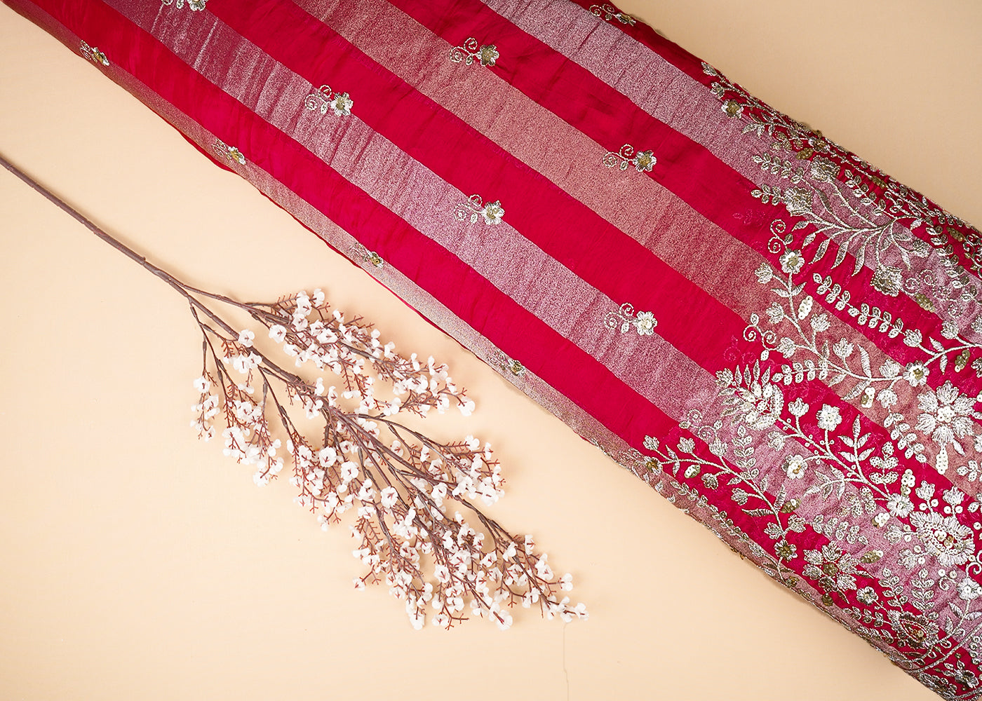Rani Pink Organza Tissue Striped Fabric With Buti of Zari and Sequins with One Side Heavy Border Work 20903