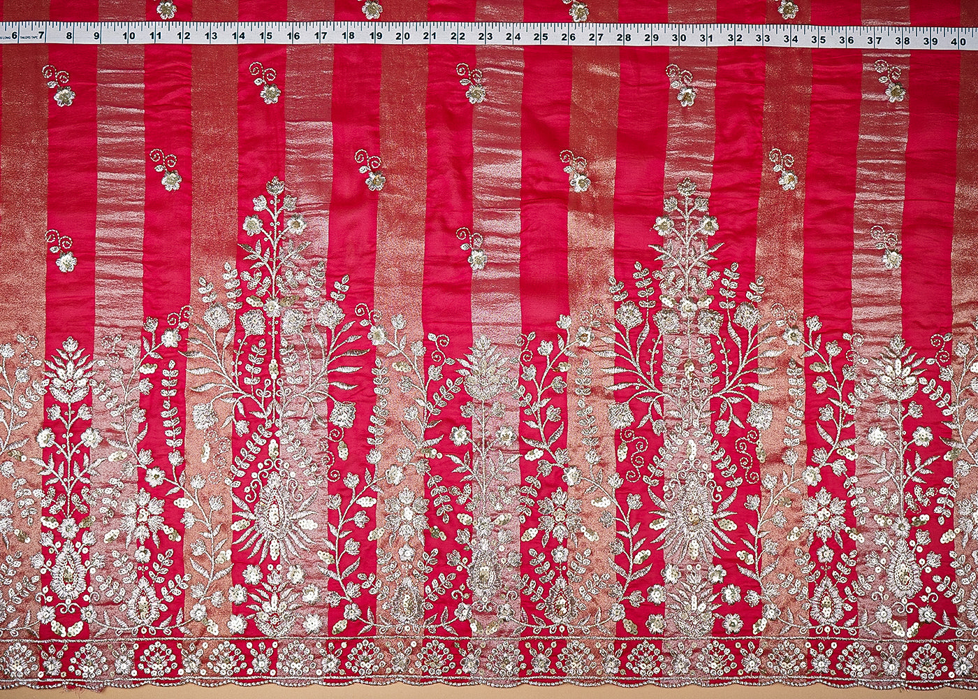 Rani Pink Organza Tissue Striped Fabric With Buti of Zari and Sequins with One Side Heavy Border Work 20903
