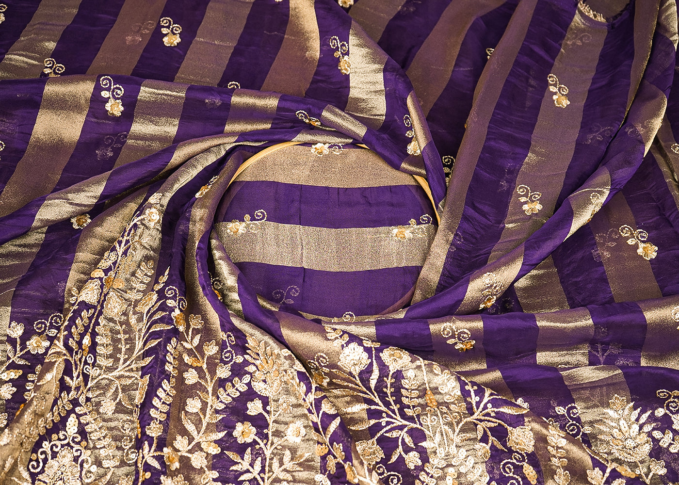 Purple Organza Tissue Striped Fabric With Buti of Zari and Sequins with One Side Heavy Border Work 20904
