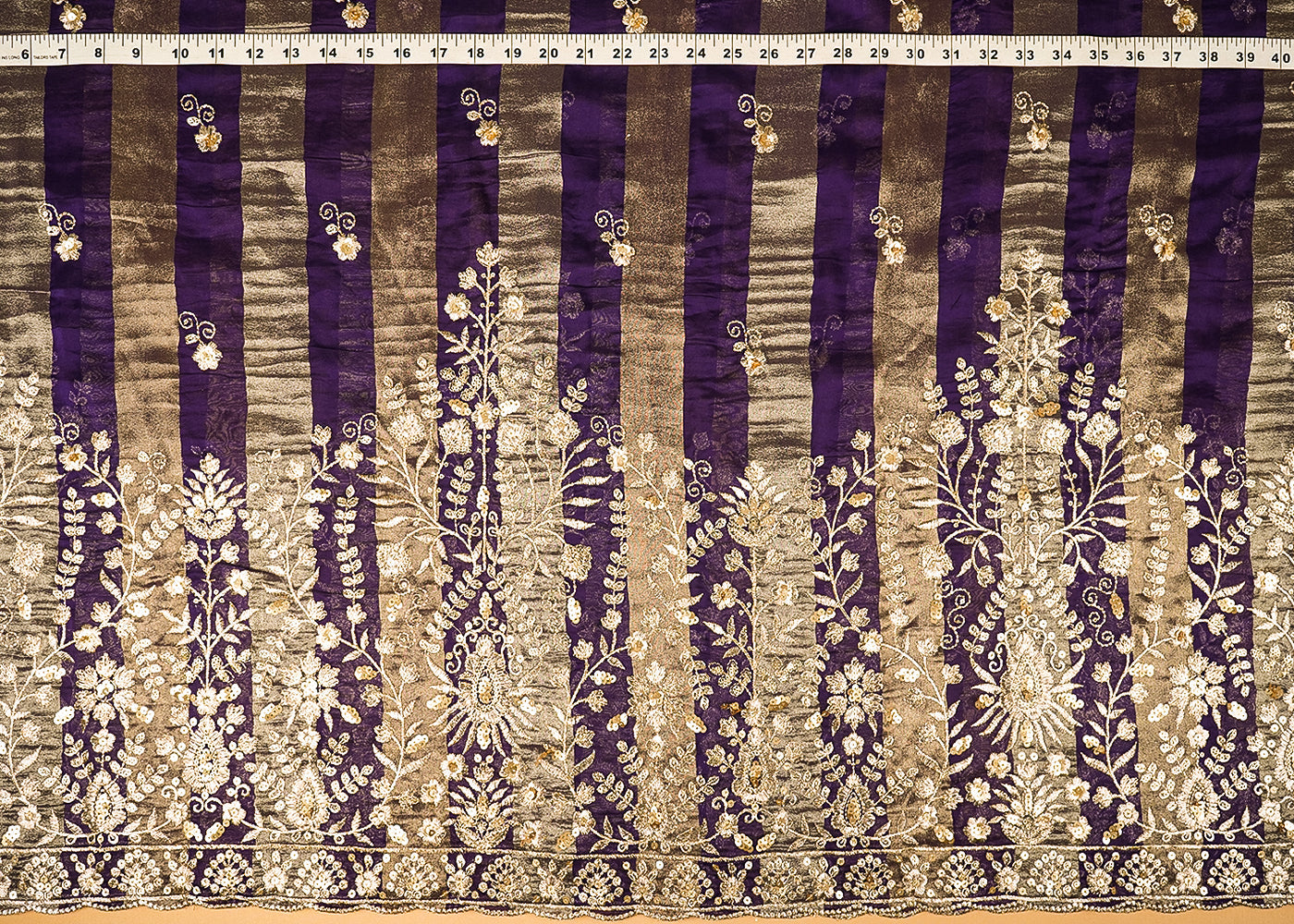 Purple Organza Tissue Striped Fabric With Buti of Zari and Sequins with One Side Heavy Border Work 20904