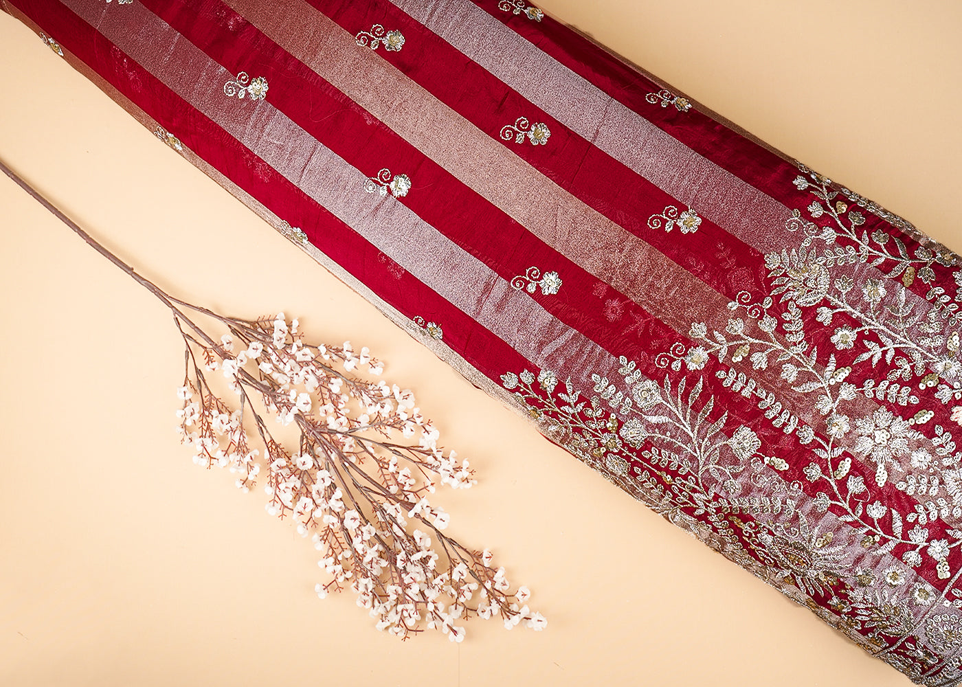 Maroon Organza Tissue Striped Fabric With Buti of Zari and Sequins with One Side Heavy Border Work 20905