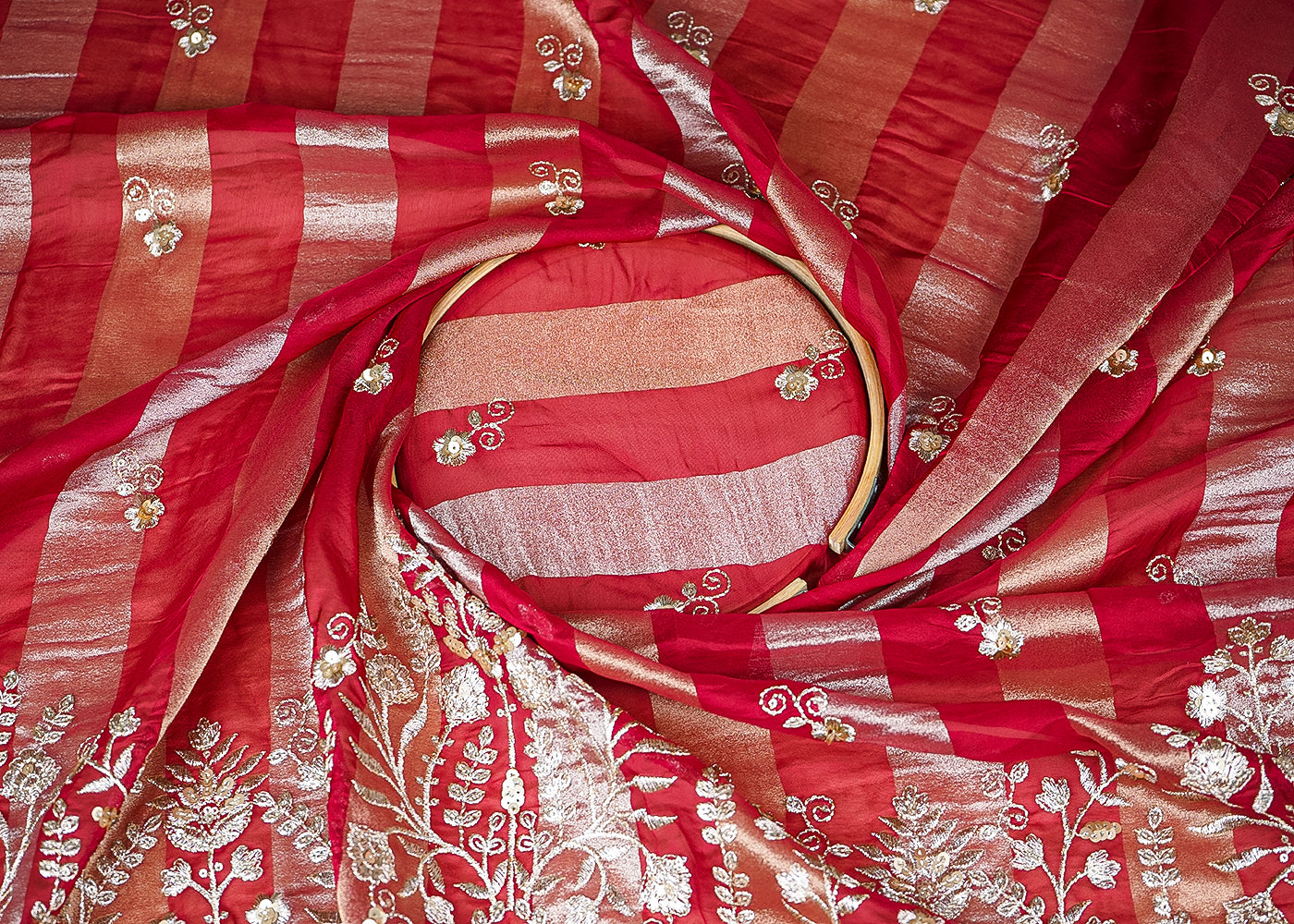 Maroon Organza Tissue Striped Fabric With Buti of Zari and Sequins with One Side Heavy Border Work 20905