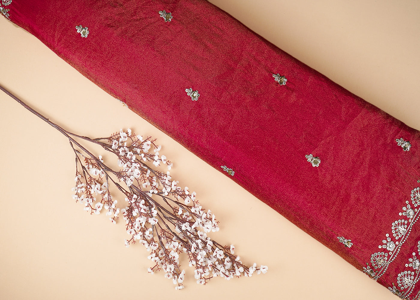 Rani Pink Tissue Dupatta Fabric with Allover Buti of Zari and Sequins Work with Both Side Border  20908